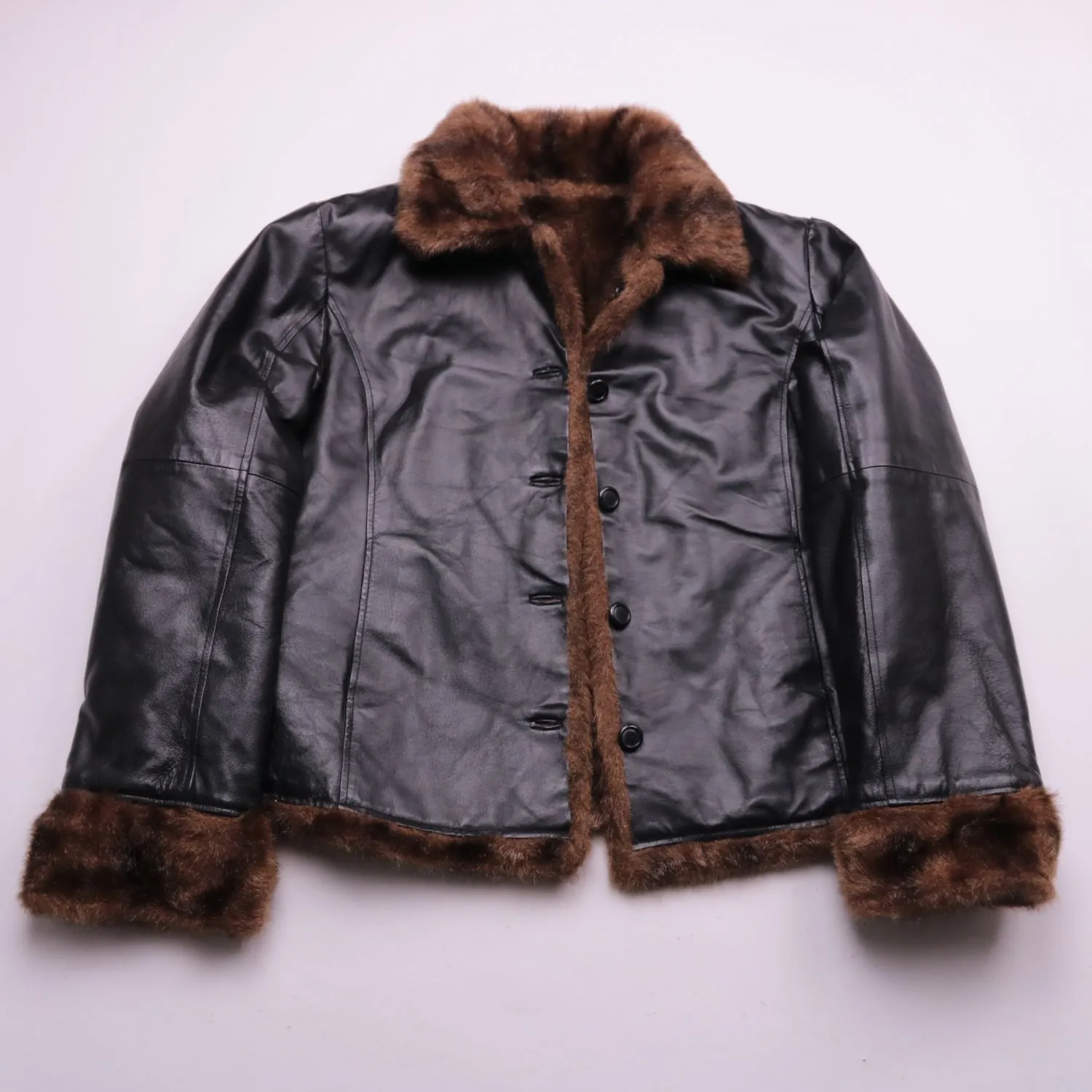 Коричневая дублёнка Woman's Fashion с меховой отделкой, размер 46 (M)